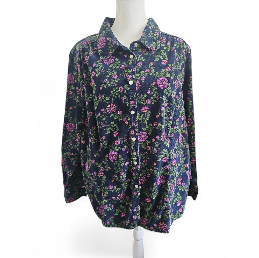 Basic Editions Plus 100% Cotton Navy Floral Corduroy Button Down Blouse 1X - Picture 1 of 4